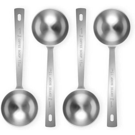 Un ensemble de 4 cuillères à café à long manche en acier inoxydable (1 cuillère à soupe, 15 ml), adaptées au café moulu, au thé en vrac et au café en poudre.