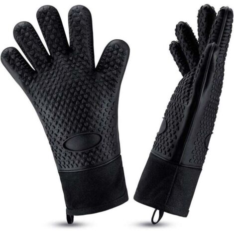 Gants de grill en silicone résistant à la chaleur, longs gants de four imperméables avec doublure en coton, adaptés pour griller, cuisiner et faire cuire au four (noir).