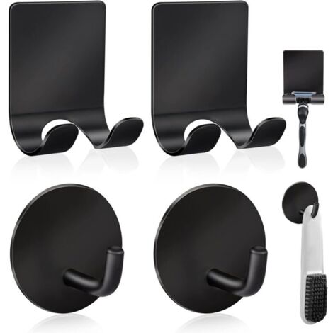 Support de rasoir de douche en acier inoxydable + crochets muraux adhésifs imperméables et résistants de qualité supérieure pour suspendre serviettes, manteaux et chapeaux (lot de 2 + 2) - Noir