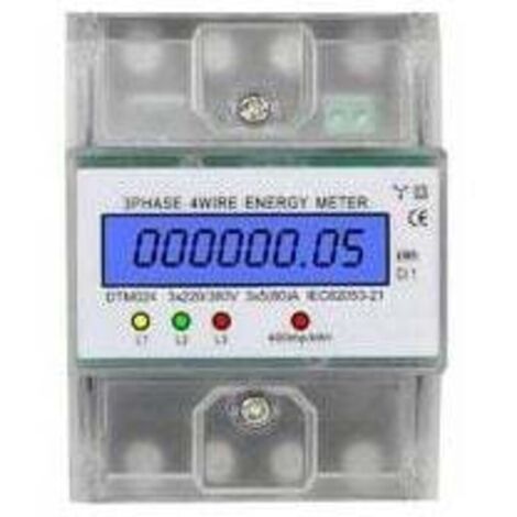 Compteur d'énergie triphasé à 4 fils, 220/380 V, 5-80 A, unité en kilowattheure (kWh), montage sur rail DIN, compteur d'énergie numérique avec écran LCD rétroéclairé.