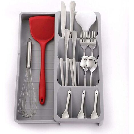 Porte-couverts compact en plastique, tiroir de rangement extensible pour couverts, support de rangement pour ustensiles de cuisine (gris) (1/4)