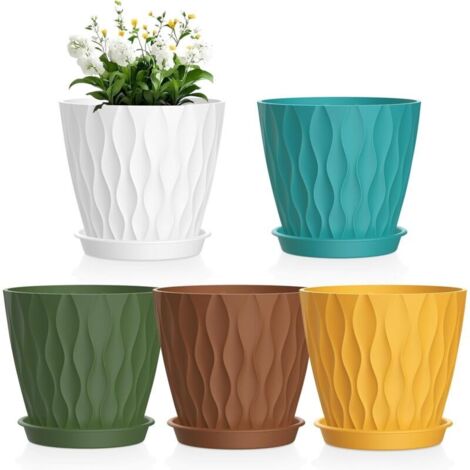 Un ensemble de 5 pots de fleurs en plastique de 15 cm avec trous de drainage et soucoupes, adaptés aux petites plantes succulentes, disponibles en différentes couleurs. (1/4)