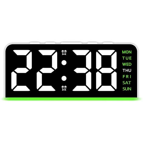 Réveil numérique avec affichage LED, double alarme, fonction d'arrêt automatique du rétroéclairage, compatible avec l'alimentation USB et par piles (vert). (1/4)