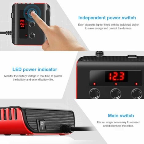 Chargeur Voiture USB Adaptateur Allume Cigare  Charge Rapide 12V/24V 3.6A  100W, 4 USB Ports Rpartiteur 3 Prises avec Moniteur de Tension 3  Interrupteurs Spars Fusible Remplaable 10A - Rouge