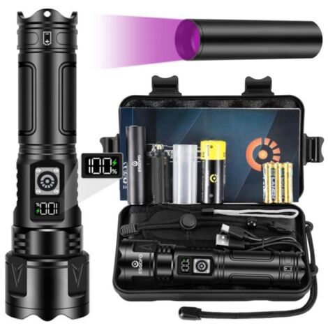 Debuns – Lampe torche LED 100000 lumens – Rechargeable USB C – Étanchéité IPX67 – Zoomable jusqu'à 1000m² – Écran LCD affichant la puissance