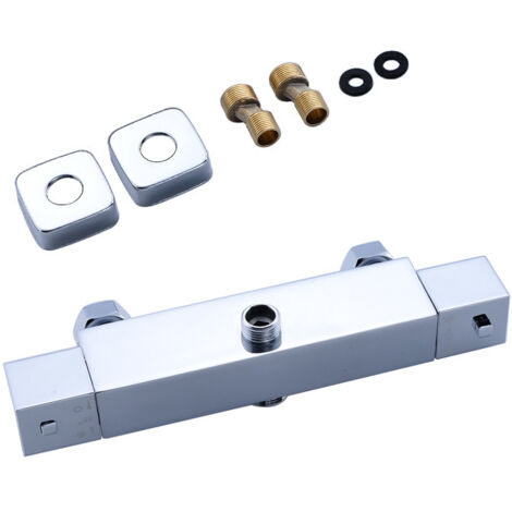 Mitigeur de Douche Thermostatique à 2 Sorties en Laiton Chromé Design Carré pour Salle de Bain (1/5)
