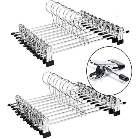 Cintres Métalliques pour Pantalons et Jupes avec Pinces Réglables Chromées Anti-Rides – Gain de Place – Lot de 20 (1/4)