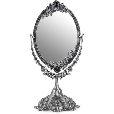 Miroir de maquillage ovale vintage double-face en verre argenté – design rétro élégant, idéal pour salle de bain ou dressing (1/4)