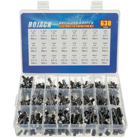 Kit condensateurs électrolytiques en aluminium – 630 pièces, 24 valeurs (0,1 µF à 1000 µF), boîte de triage pratique (1/4)