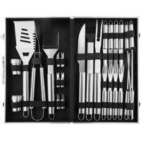 Jeu de 26 Outils de Barbecue en Acier Inoxydable avec Support Portable en Aluminium pour Camping, Pique-Nique et Voyage