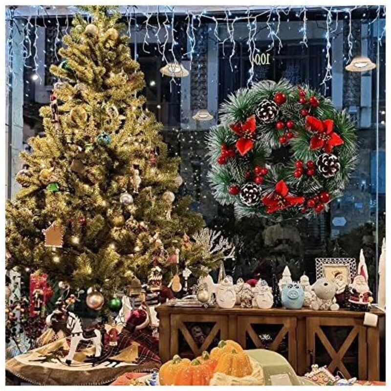 Couronne De Noël Lumineuse 31 Cm - Avec Pommes De Pin, Arcs, LED, Pour Porte, Mur, Cheminée