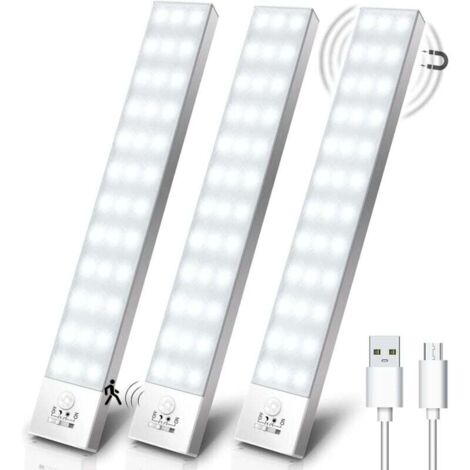 UlisemLampe de Placard Lot de 3, 5000K USB Sans Fil LED Lampe de Placard Détecteur de Mouvement Rechargeable Lamp Led Aimant Intégré Veilleuse pour Armoire Placard Escalier Cuisine Couloir-23cm (1/4)
