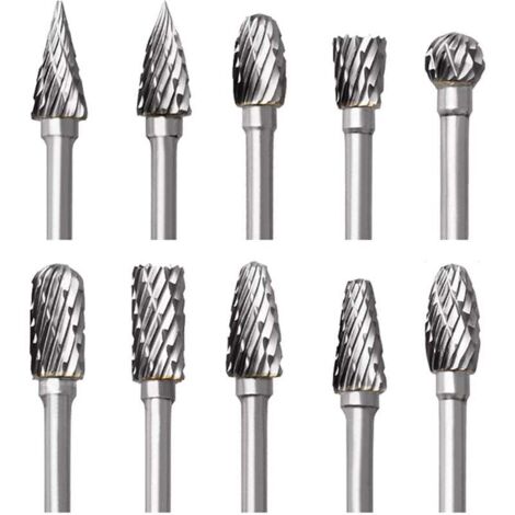 UlisemJeu de Fraises en Carbure de Tungstène pour , 10 Pièces Fraises Rotatives à Double Coupe avec Tige de 1/8" pour Sculpture sur bois, Gravure, Perçage, Polissage, Travail du métal (1/4)