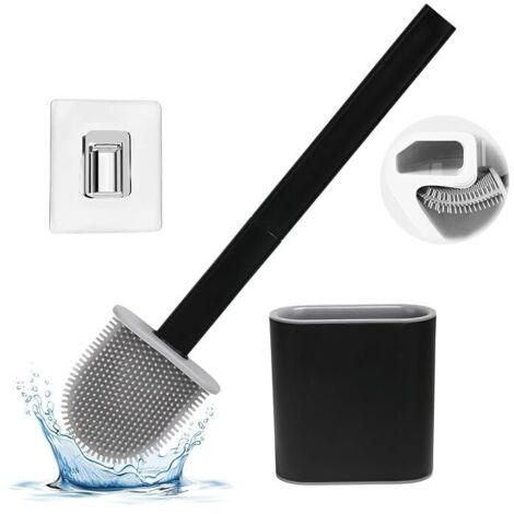 UlisemBrosse WC, Brosse Toilette Silicone avec Support pour Nettoyage en Profondeur, Au Sol ou Montage Mural, Noir
