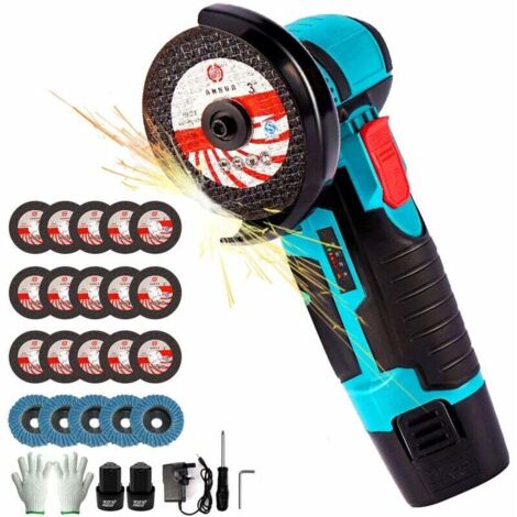 Meuleuse d'angle sans fil 500W 12V avec 2 batteries 2.0Ah – 5 disques à lamelles – 15 disques abrasifs – Vitesse 19500 tr/min