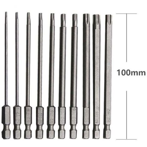 Jeu de 10 embouts longs pour tournevis et visseuse électrique Embout Torx Long en Acier Allié au Chrome Vanadium 75mm Embout Visseuse Long Antirouille Jeu (1/4)