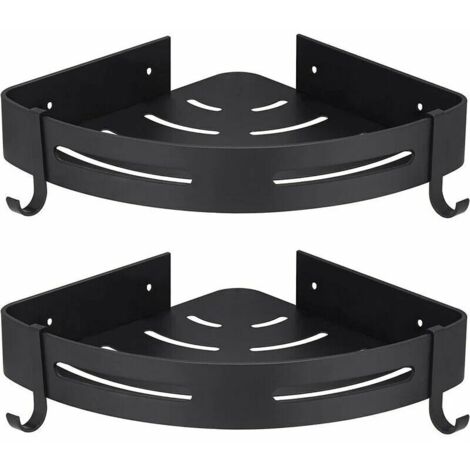 Étagère de douche d'angle noire sans perçage – Aluminium antirouille – 38,5cm x 20,5cm x 3,5cm – Lot de 2 avec crochets