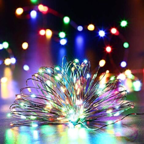 [Lot de 2] Guirlandes solaires d'extérieur – Geemoo 15 m 150 LED en fil de cuivre pour Noël avec 8 modes pour décoration extérieure, jardin, arbres, etc. (multicolore) (1/4)