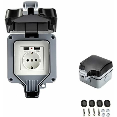 Ulisem Prise murale d'extérieur double avec port USB, étanche et résistante, équipée d'une boîte murale simple pour une utilisation en extérieur. (1/5)
