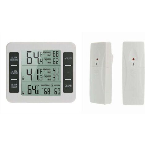 lot de 1 Thermomètre de Frigo Congelateur, Thermomètre de Réfrigérateur sans Fil avec 2 Capteurs, Alarme Sonore, Min/Max, Thermomètre in/Extérieur pour Maison Cuisine Restaurant Bars Café