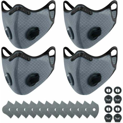 4 masques anti-poussière de sport + 12 filtres à charbon actif, réutilisables, respirants, activités de plein air, travail du bois, tonte et course, cyclisme gris- (1/4)