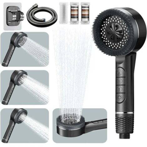 Pommeau de Douche Haute Pression, Pommeau Douche Economie Deau 4 Types de Jets Pommeau de Douche Anti Calcaire avec Tuyau Douche 1.5M et Support de Douche, avec Bouton D'arrêt D'eau, Gris (1/4)
