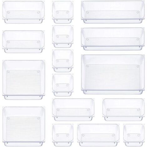 16 pièces organisateur tiroir, 5 tailles boite rangement tiroir, antidérapant organiseur maquillage, pour papeterie de bureau rangement, commode, salle de bain, cuisine (transparent) (1/4)
