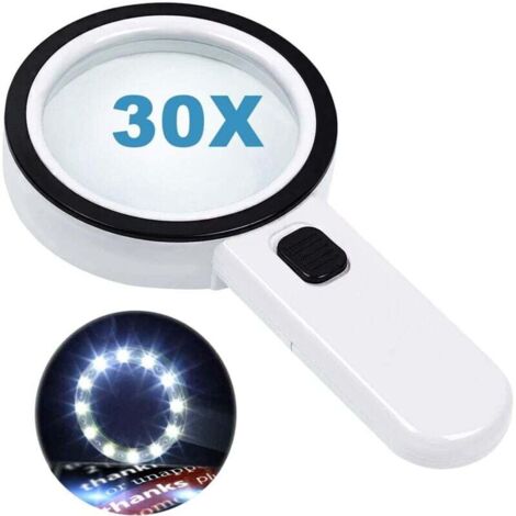 Loupe de Lecture avec 12 lumières LED, Double lentille en Verre avec grossissement 30 x. pour Lire aisément Les pièces de Monnaie, Les Timbres, Les Cartes. Idéale en Cas de dégénérescence maculaire (1/4)