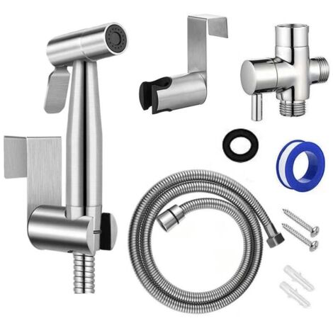 Pulvérisateur bidet pour toilettes, douchette double mode (jet / stream), avec curseur et contrôle de la pression, il est en acier inoxydable, avec valve G1/2" (1/4)