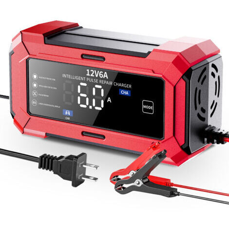 12V 6A RougeChargeur de batterie 12 V pour voiture (12 V 6 A), chargeur de batterie pour moto (14,6 V), chargeur de batterie lithium-fer-phosphate 12 V compatible avec les batteries au plomb-acide lit (1/5)