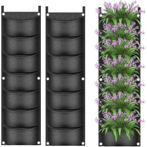 2 Pièces Sacs de Culture de Plantes Suspendus, 7 Poches Jardinière Murale Sac pour Pot de Fleurs Vertical Sacs de Culture Respirants en Tissu Non Tissé pour Cour Jardin Maison Décoration (Noir (1/4)