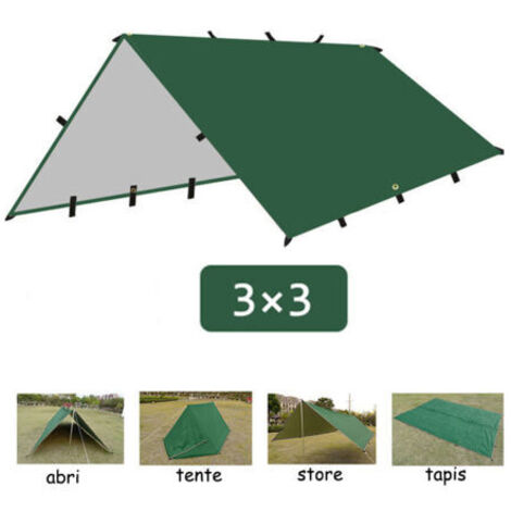 Barnum, Auvent multifonctionnel avec 19 points de suspension, auvent à quatre coins recouvert d'argent, indéchirable, résistant à la pluie et au soleil, tente de camping en gros(3x3M) (1/4)