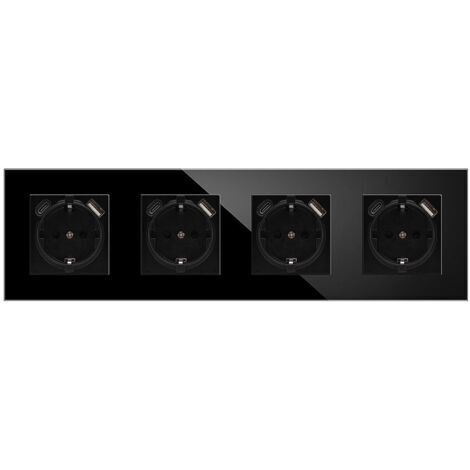 Quadruple Prise Murale avec 4 Ports USB,16A Prise de Courant Alternatif avec Panneau en Verre,Multiprise Murale Max 2.1A,Convient au Smartphone, à la Tablette (4 Prise avec 1 Ports USB,Noir)