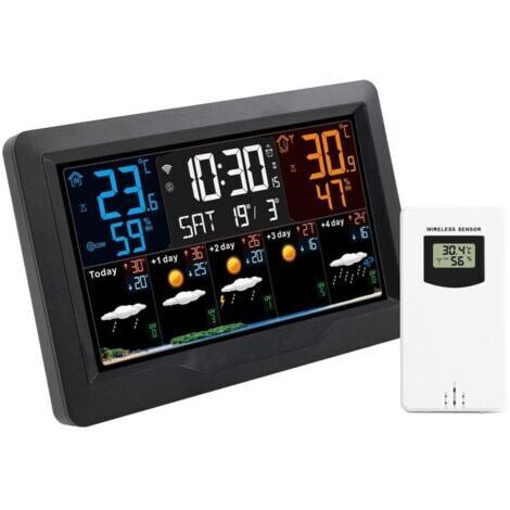 Station Météo Sans Fil avec 1 Capteurs Intérieur Extérieur,Écran LCD avec 4 Rétroéclairages Réglables, Radio Stations Météo avec Temps, Prévisions Météorologiques, Baromètre, Réveil