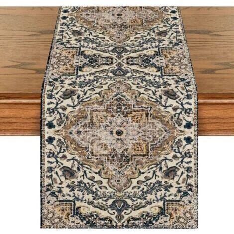 1 PCS Chemin de table de style bohème, bleu foncé, style bohème rustique, ferme, magique, décoration intérieure, vacances, fête, 33 x 183 cm (1/4)