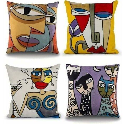 Lot de 4 Housse de Coussin Picasso 45x45 cm Coton Lin Brodé Housses Coussins Canapé Décoration Salon Scandinave Chambre Lit Fauteuil de Bureau Design Motif Visage Abstrait Vintage Colorée.. (1/4)