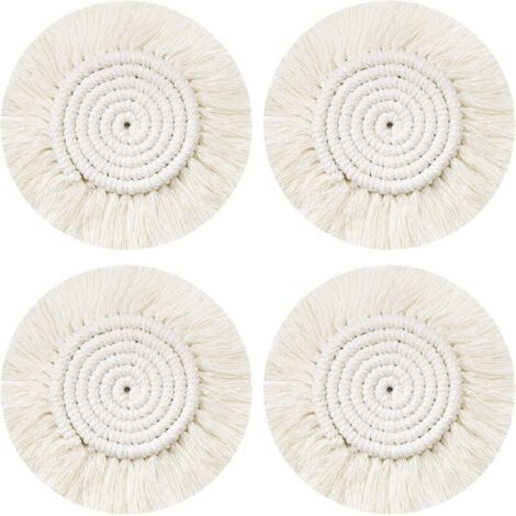Dessous Verre Napperon Tissé Main, 4Pcs Ronds sous-Verres Tressé Coaster Macrame, Boho Tapis de Café Boisson Bière Tasse Table Antidérapant Résistantes à la Chaleur Décoration de Table (1/4)