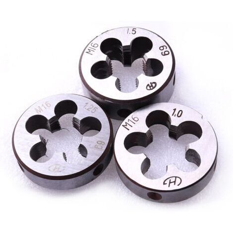 Filières métriques, lot de 3 : filières HSS M16 x 1 mm, M16 x 1,25 mm et M16 x 1,5 mm.