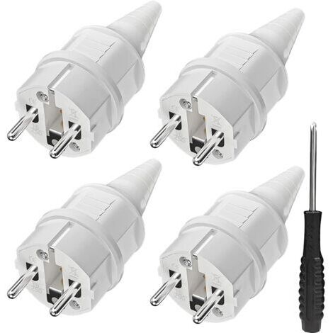 Fiche Schuko avec protection anti-torsion [4 pièces], 4 fiches avec contact de terre en caoutchouc (250 V / 16 A) + 1 tournevis, fiche pour prise extérieure, prise secteur étanche IP44 pour usage exté (1/5)