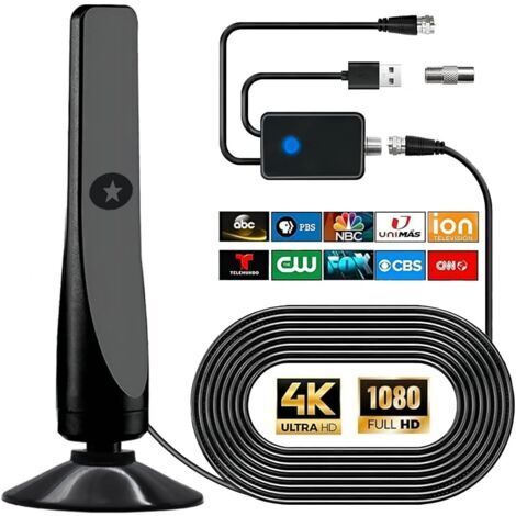 Antenne TV numérique, puissante antenne HDTV intérieure et extérieure avec amplificateur, réception à 360° jusqu'à 80 km, compatible 4K et 1080p, réception TV gratuite DVB-T2 VHF/UHF, câble coaxial de