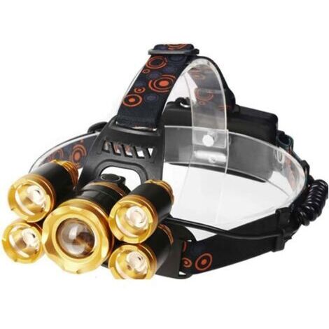 Lampe frontale rechargeable, lampe frontale LED ultra-lumineuse, 5 LED T6, lampe frontale LED étanche avec zoom, lampe de pêche, lampe de camping, fonctionne sur piles (1/5)