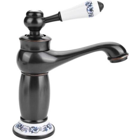 Robinet de lavabo rétro à poignée unique, robinet d'évier en céramique et laiton, porcelaine bleue et blanche, col long, motif floral vintage avec arrivée d'eau chaude/froide, cuisine, salle de bain ( (1/5)