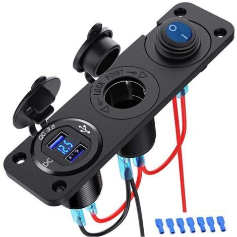Prise USB QC 3.0 12 V, interrupteur à bouton-poussoir étanche 3 en 1 avec voltmètre LED, interrupteur marche/arrêt et allume-cigare pour camion, bateau et camping-car. (1/5)