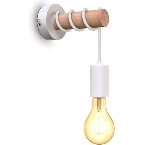 Applique murale, design industriel rétro, bois et métal, douille E27, pour ampoule LED 10 W max, blanche (1/5)