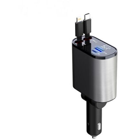 Chargeur de voiture rétractable 60 W, chargeur de téléphone 4 en 1, câbles de charge rapide et adaptateur de voiture à 2 ports USB, compatible iPhone 15/iPad, Galaxy/Google/Huawei (1/4)