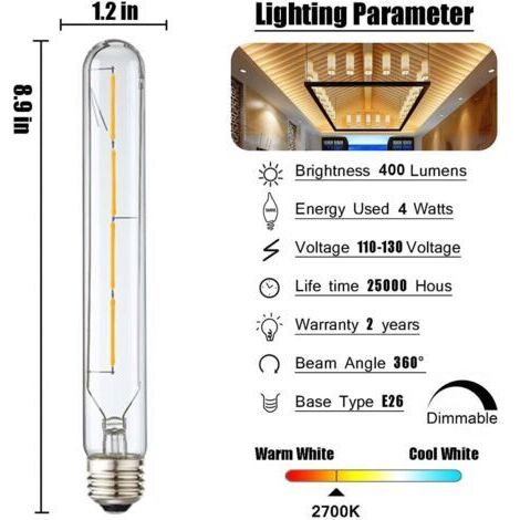 Ampoule tubulaire à filament LED rétro style Edison E26, 4 W, à intensité variable (équivalent 40 W), blanc chaud 2700 K. (1/5)