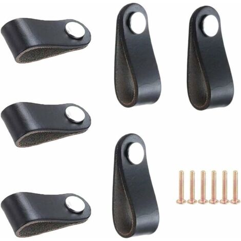 Poignées de placard en cuir souple – Lot de 6, finition noir mat, fixation monotrou, pour meubles de chambre à coucher (1/5)