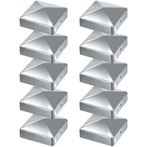 Chapeaux de poteau pyramidaux en acier galvanisé – 10 pièces, 100 x 100 mm, finition argentée (1/4)