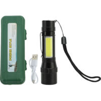 Lampe torche rechargeable à 4 modes, haute luminosité, boîtier en métal avec éclairage latéral COB, idéale pour le camping et les situations d'urgence en extérieur.