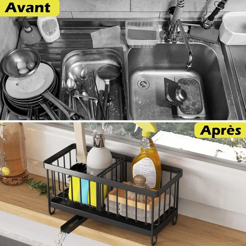 Organiseur D'évier Compact Avec Plateau égouttoir Amovible - Panier éponge Transparent, Rangement Cuisine - 11
